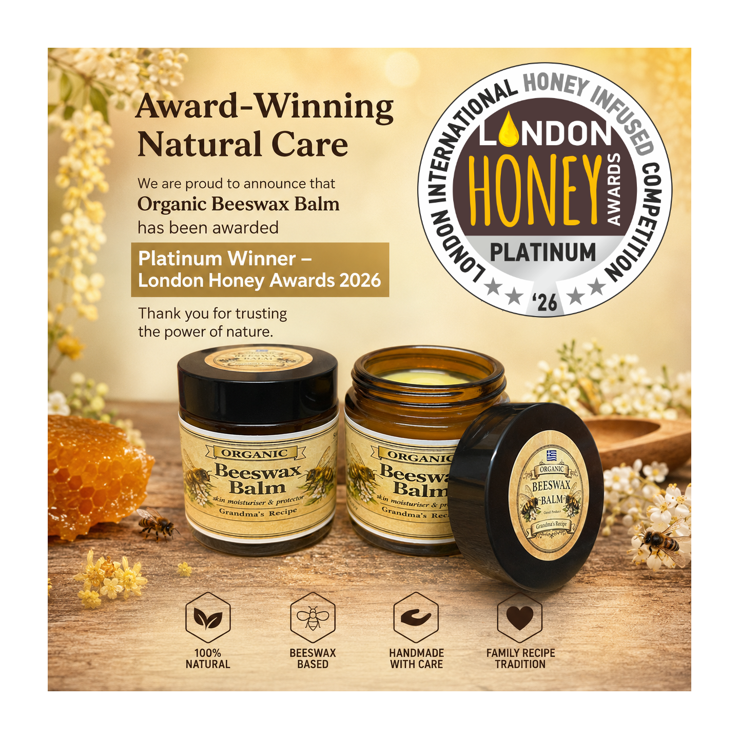 Platinum Award - Winning Organic Handmade Beeswax Balm with St John’s Wort Oil